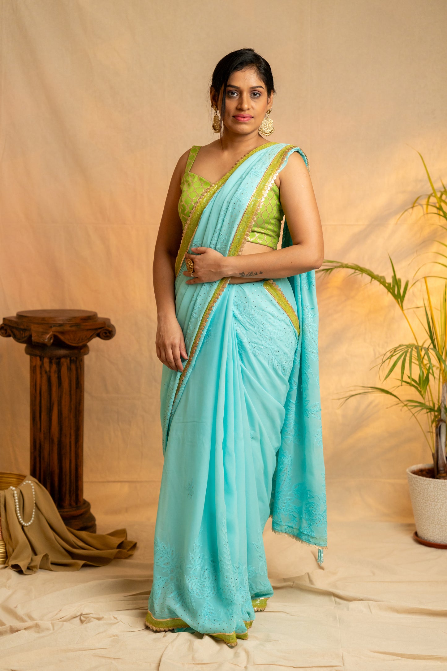 Falak | Sea Blue Viscose Georgette Chikankari Saree