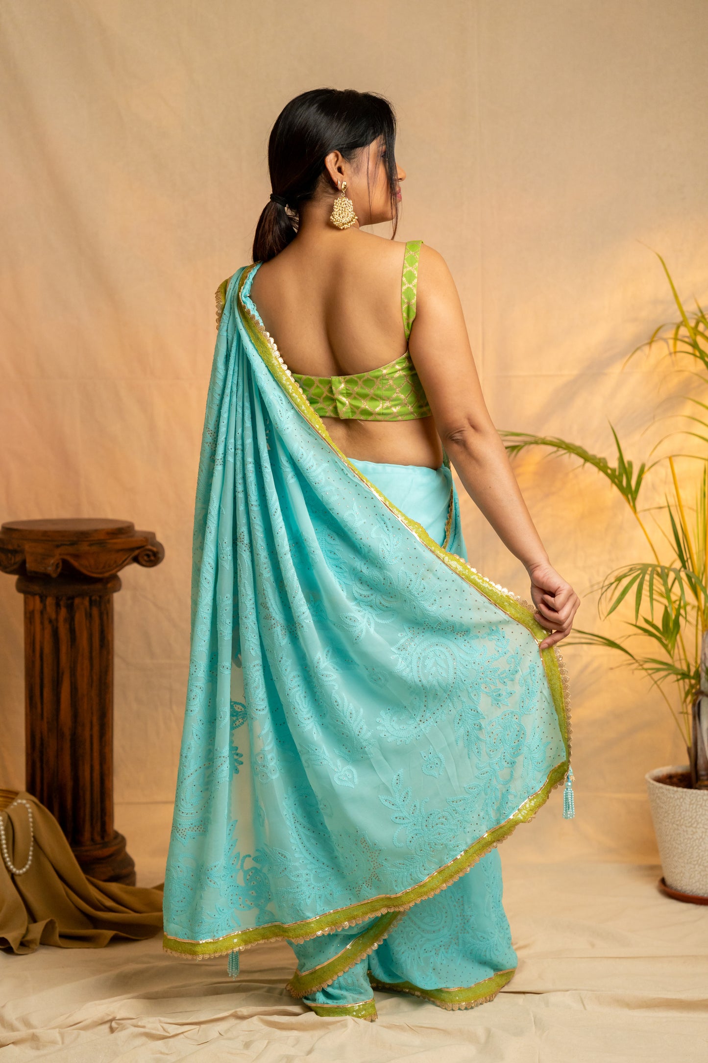 Falak | Sea Blue Viscose Georgette Chikankari Saree