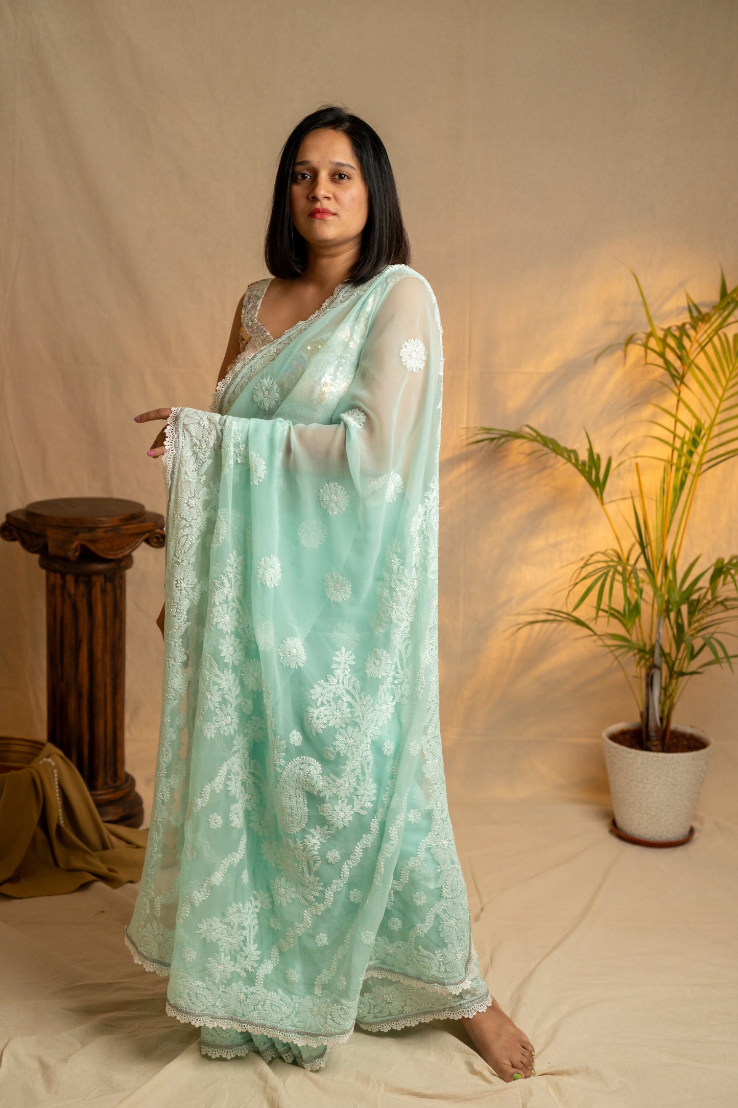 Inaayat | Sea Green Georgette Chikankari Saree