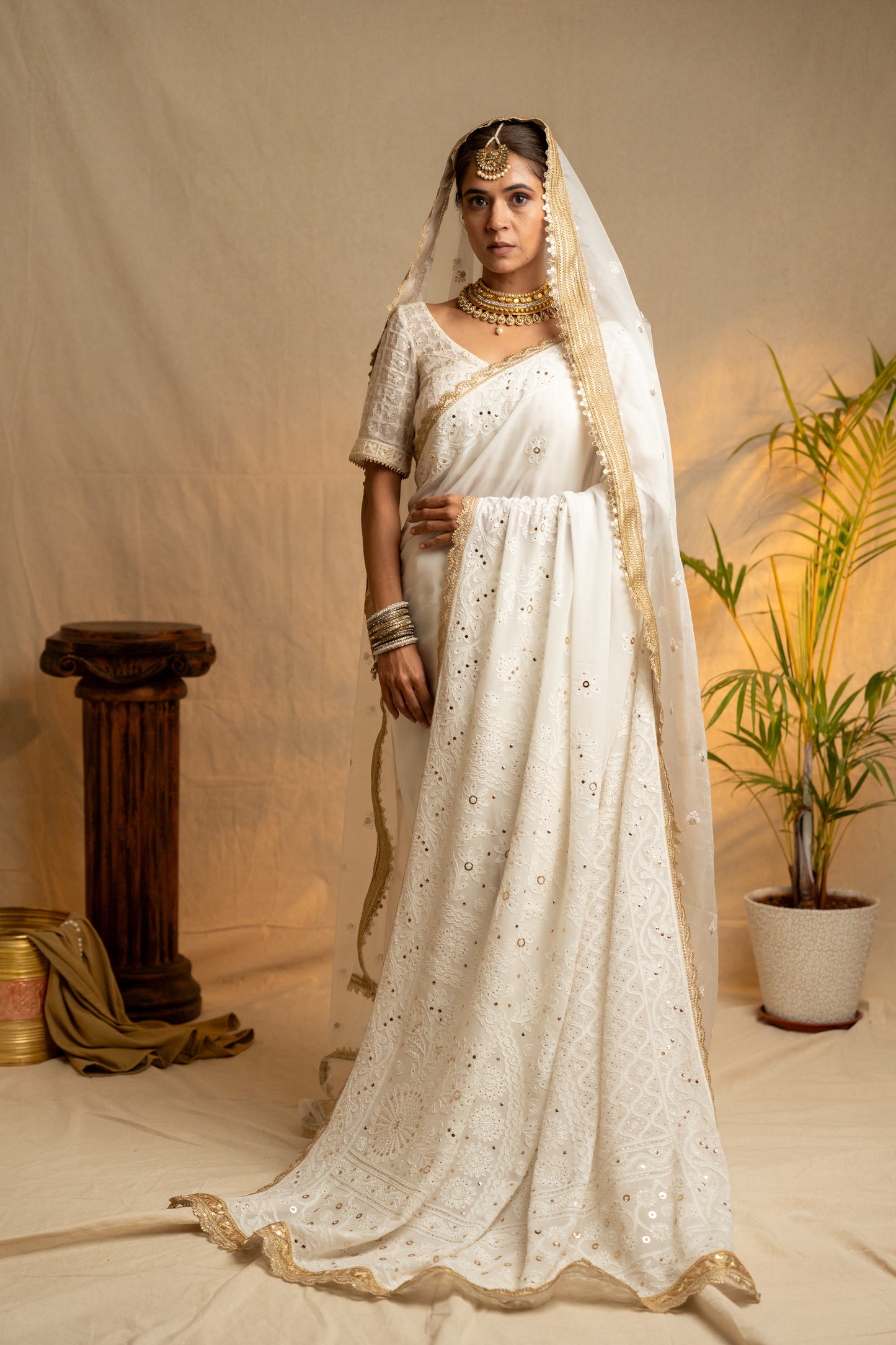 Roohani | White Viscose Georgette Chikankari Saree