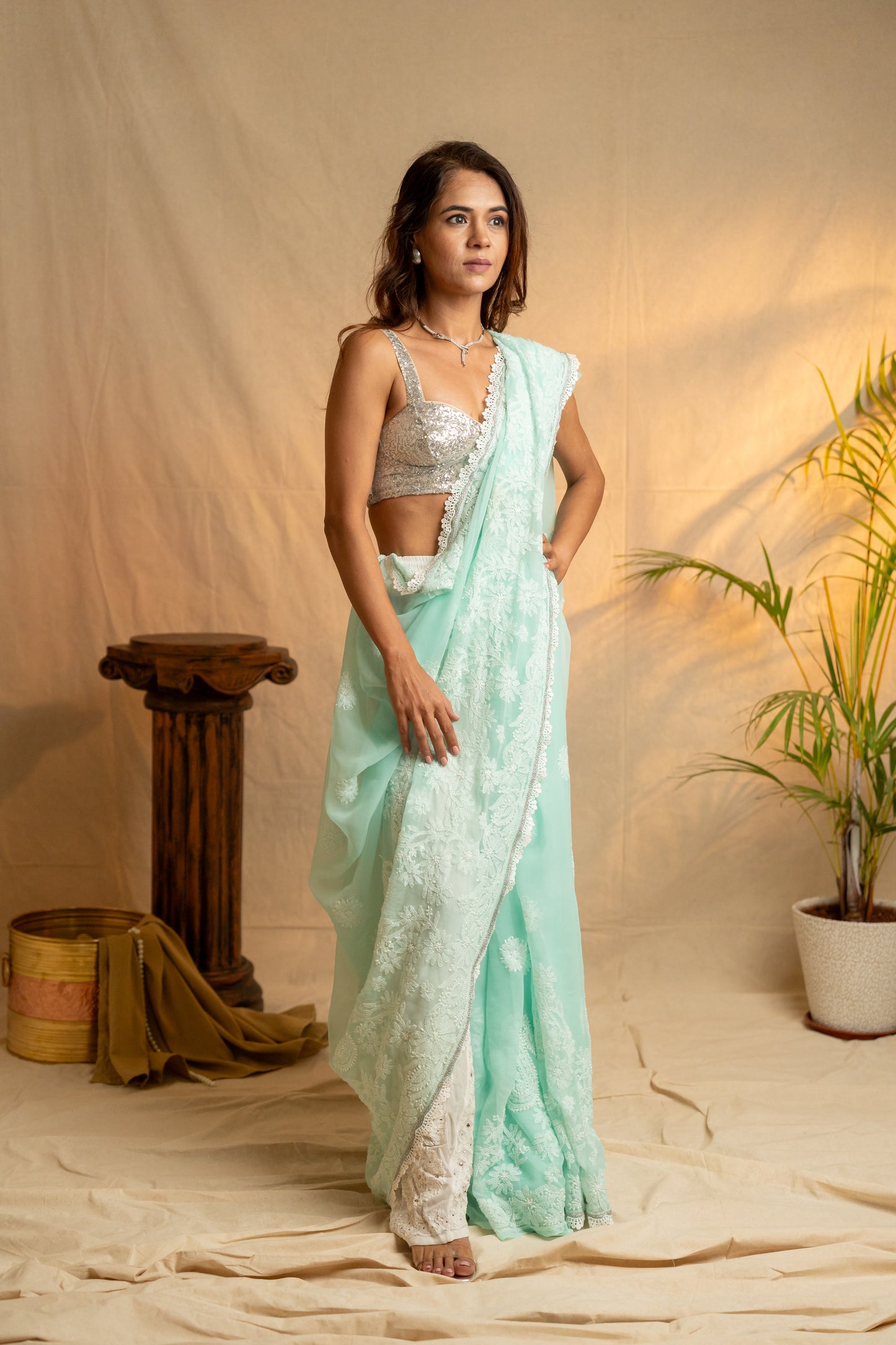 Inaayat | Sea Green Georgette Chikankari Saree