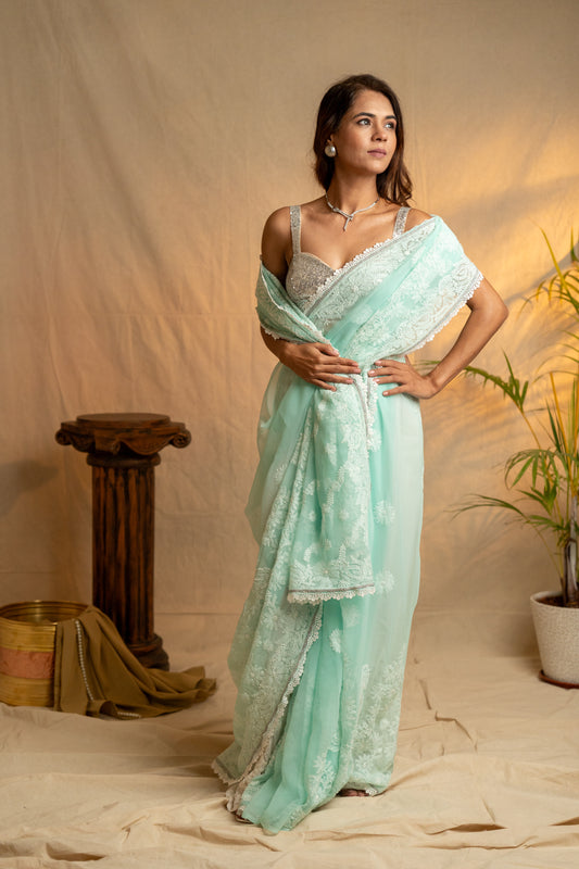 Inaayat | Sea Green Georgette Chikankari Saree