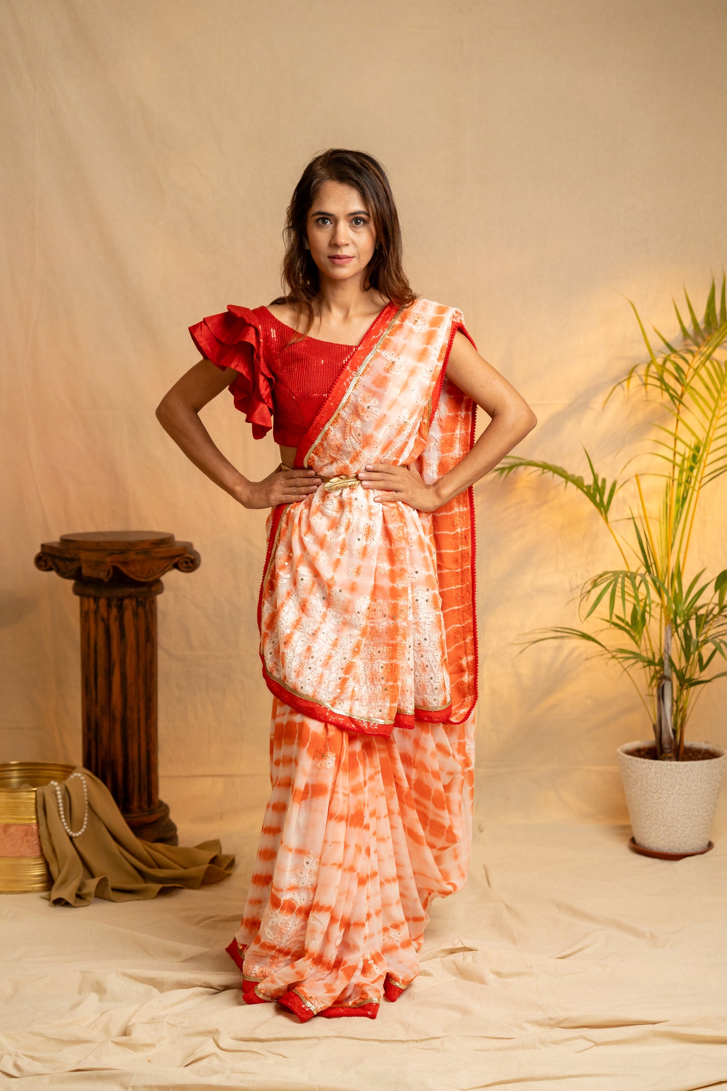 Rangreza | Red Viscose Georgette Tie & Dye Chikankari Saree