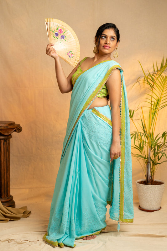 Falak | Sea Blue Viscose Georgette Chikankari Saree