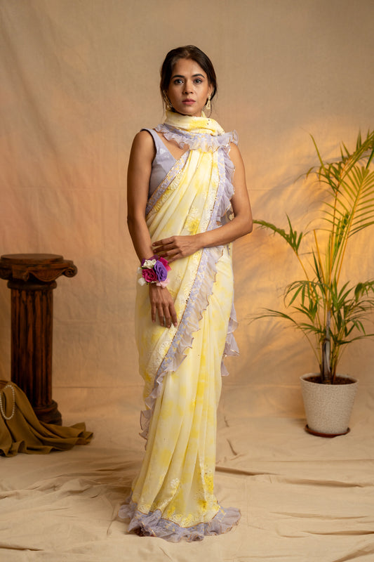 Rangreza | Yellow Viscose Georgette Tie & Dye Chikankari Saree