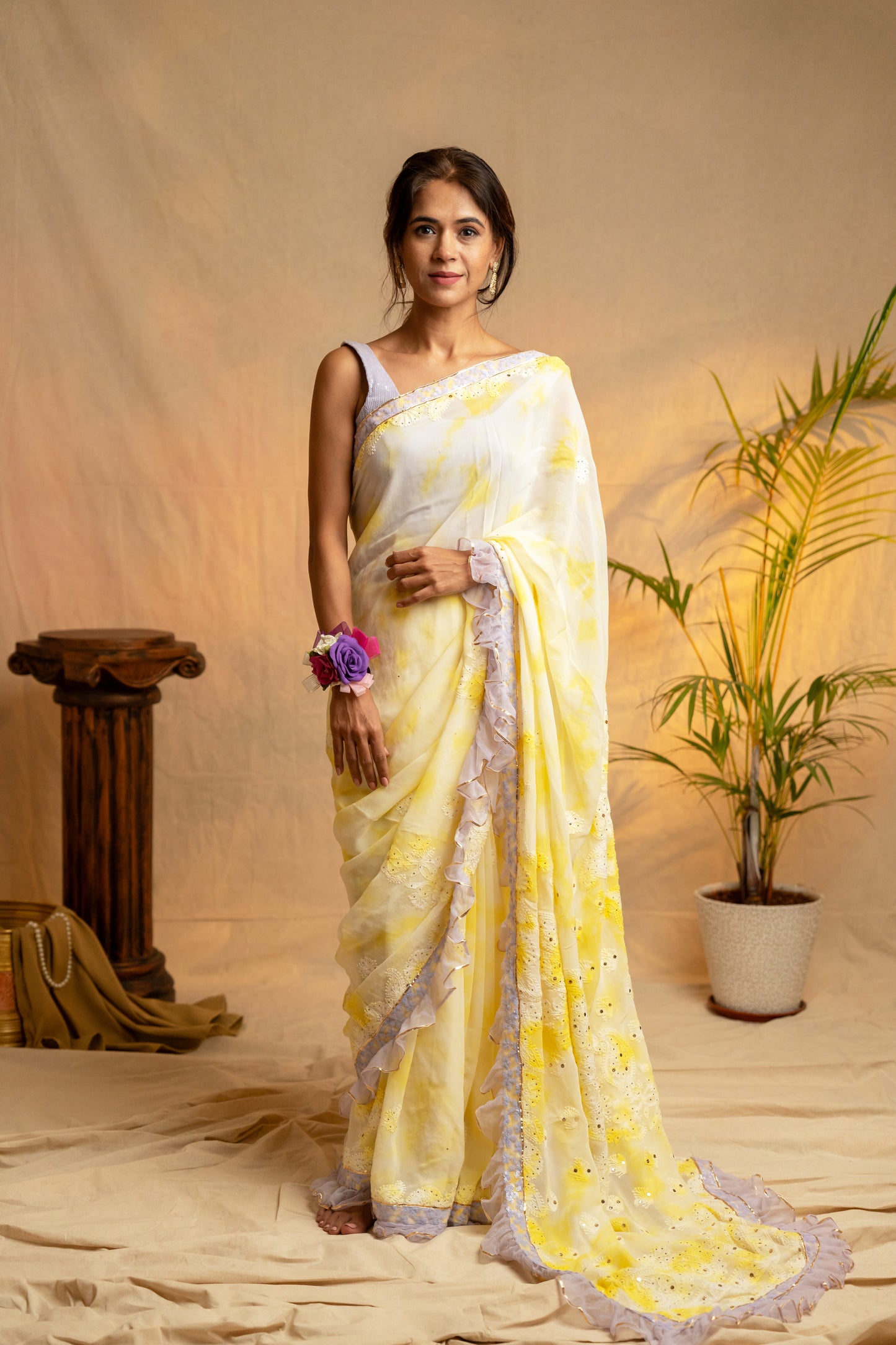 Rangreza | Yellow Viscose Georgette Tie & Dye Chikankari Saree