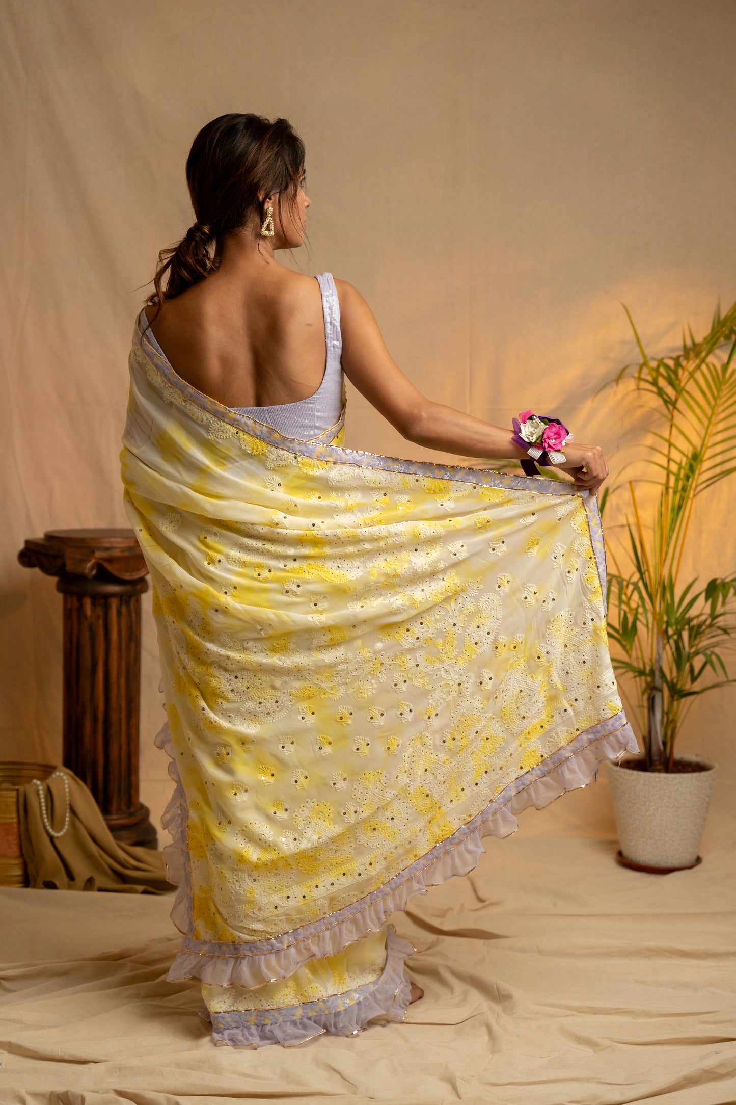 Rangreza | Yellow Viscose Georgette Tie & Dye Chikankari Saree