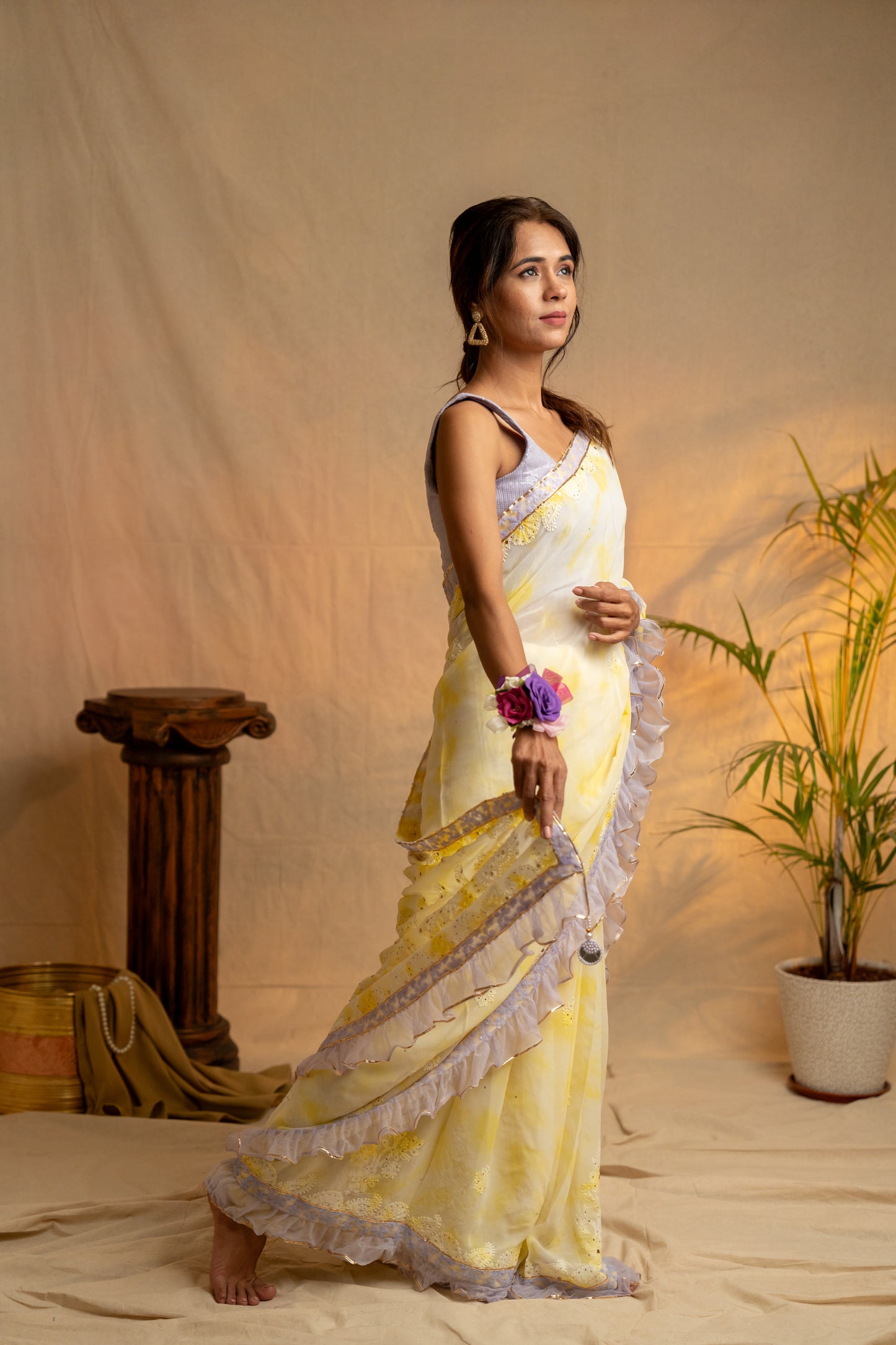 Rangreza | Yellow Viscose Georgette Tie & Dye Chikankari Saree