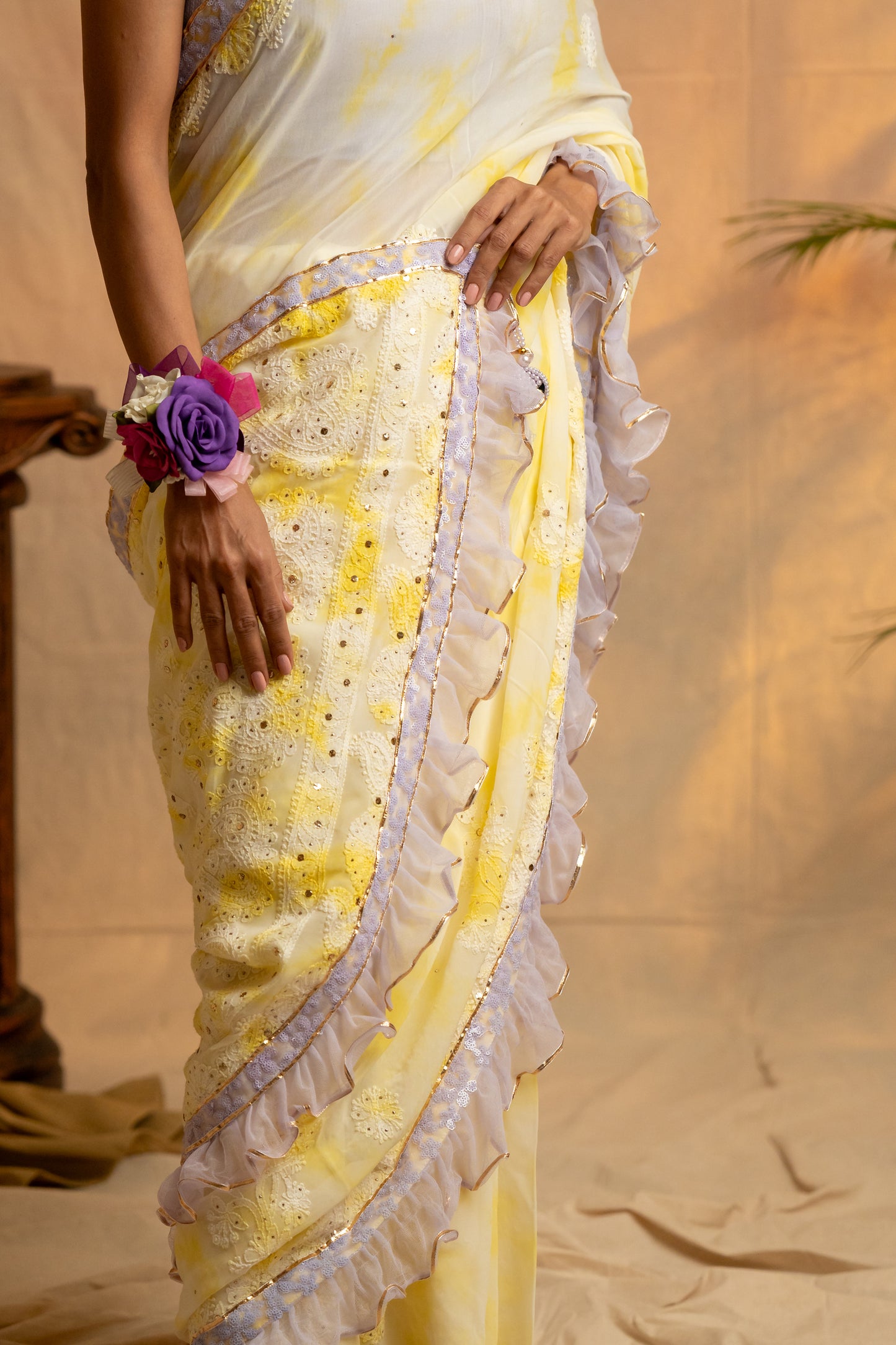 Rangreza | Yellow Viscose Georgette Tie & Dye Chikankari Saree