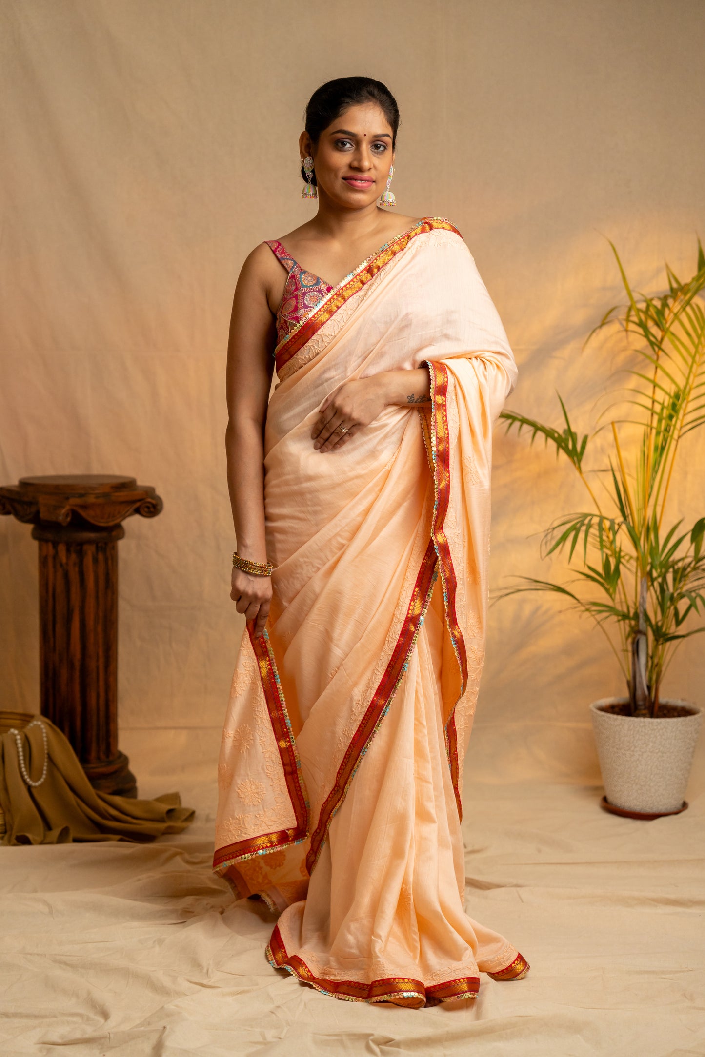 Noorani | Peach Modal Silk Chikankari Saree