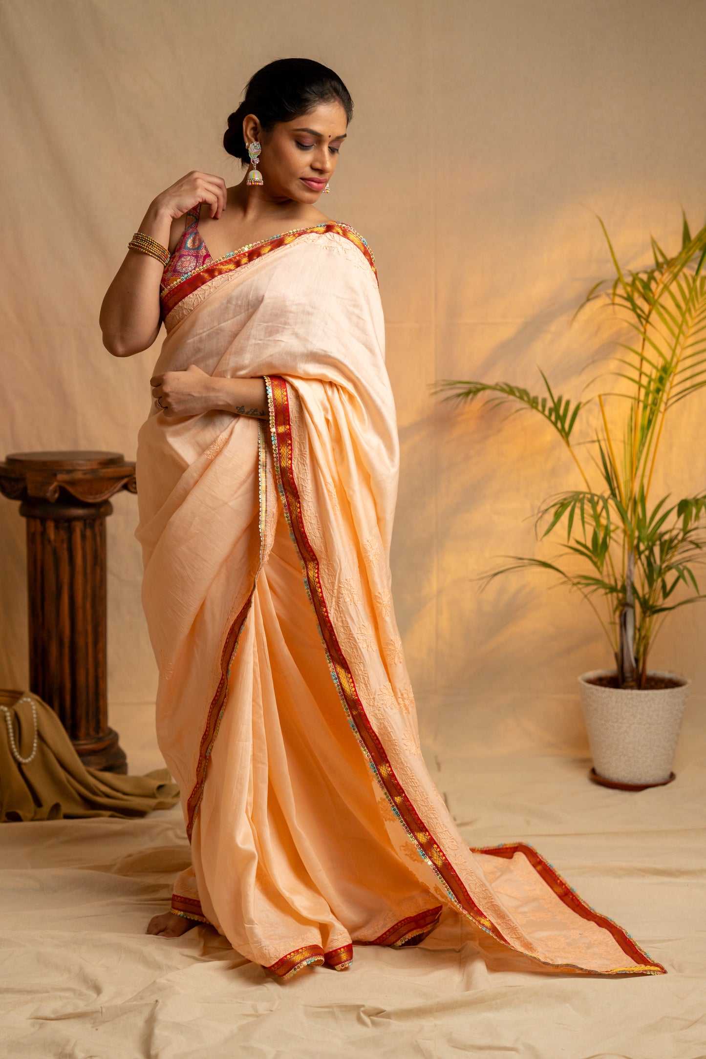 Noorani | Peach Modal Silk Chikankari Saree