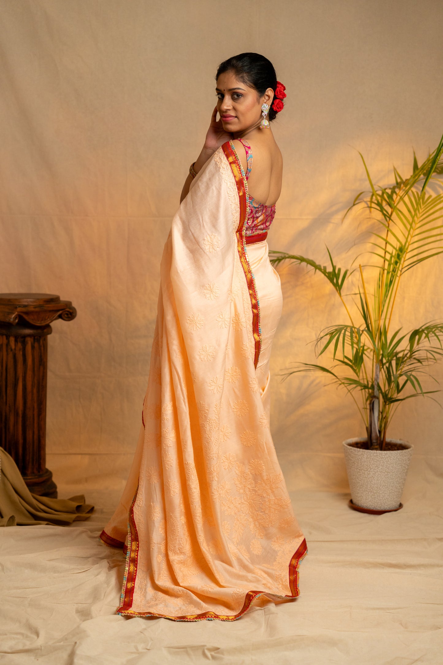 Noorani | Peach Modal Silk Chikankari Saree