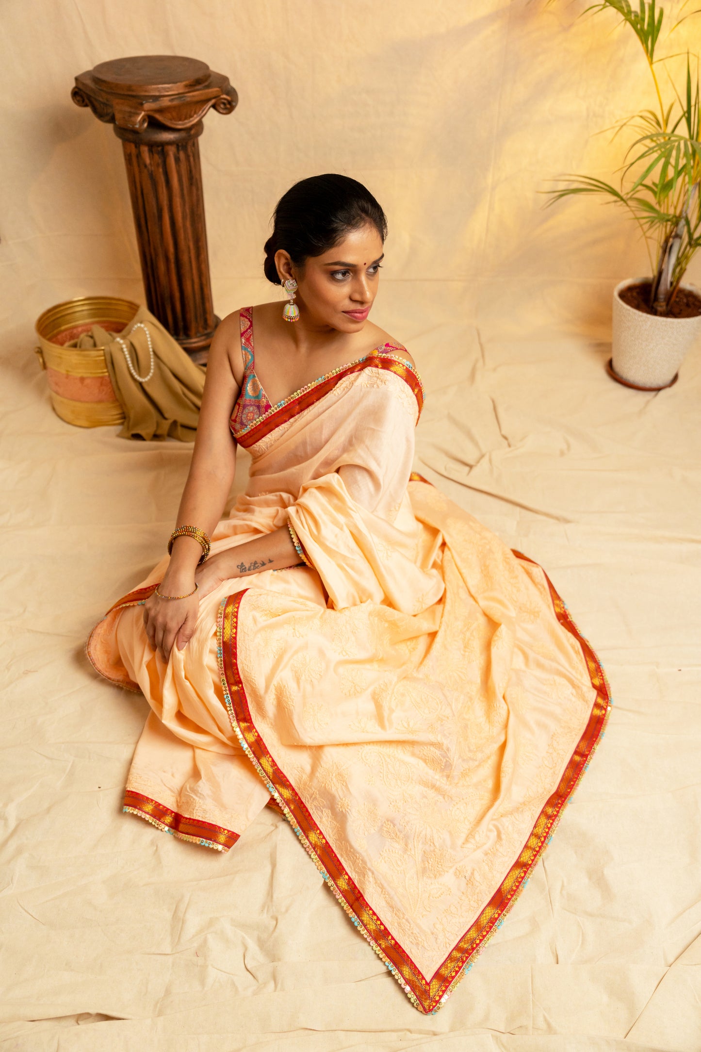 Noorani | Peach Modal Silk Chikankari Saree