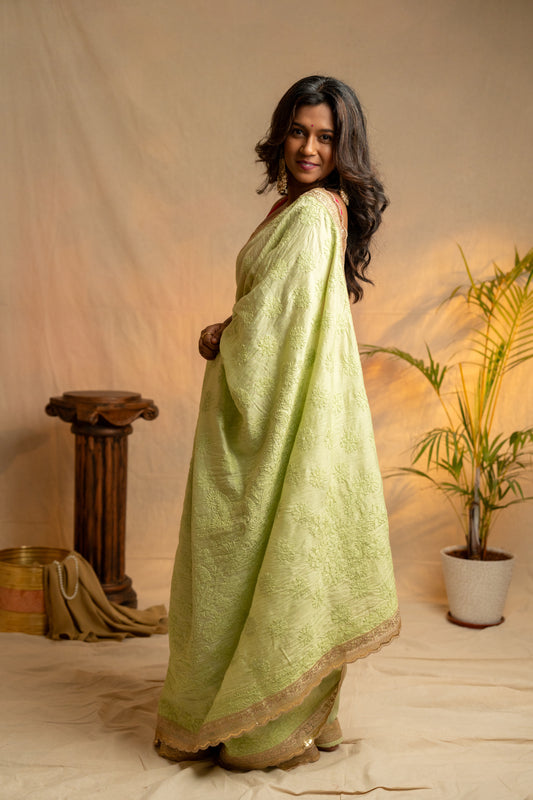 Noorani | Pastel Green Modal Silk Chikankari Saree