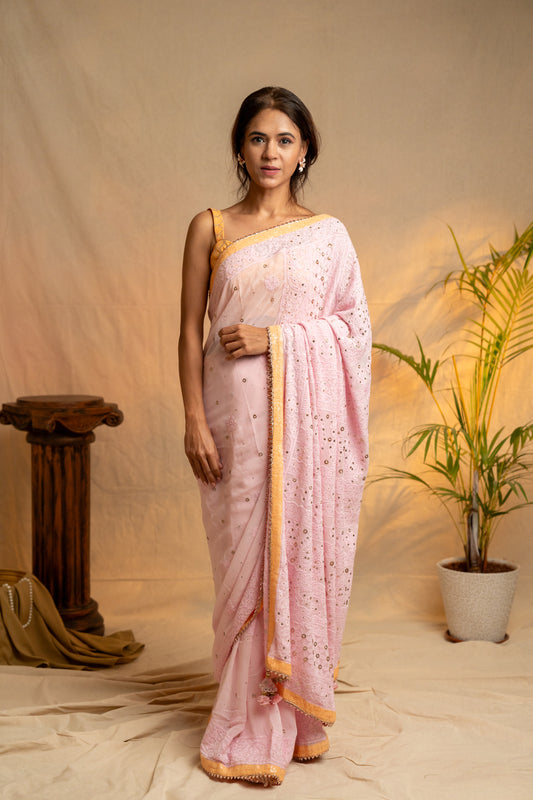 Gulzar | Pink Pure Georgette Chikankari Saree