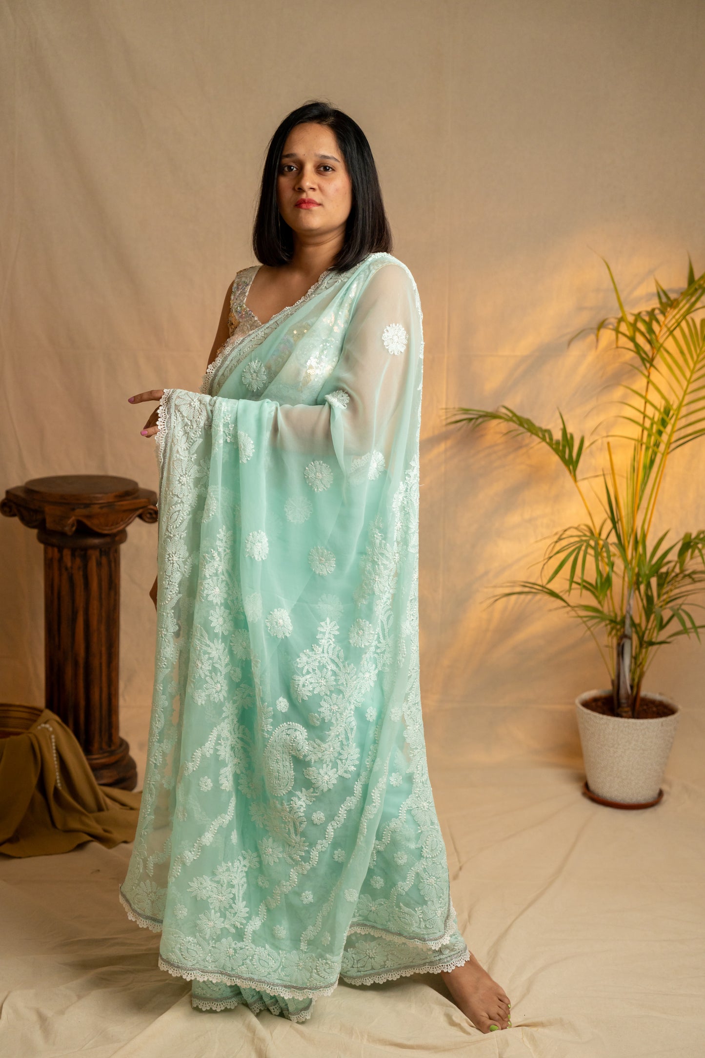 Inaayat | Sea Green Georgette Chikankari Saree