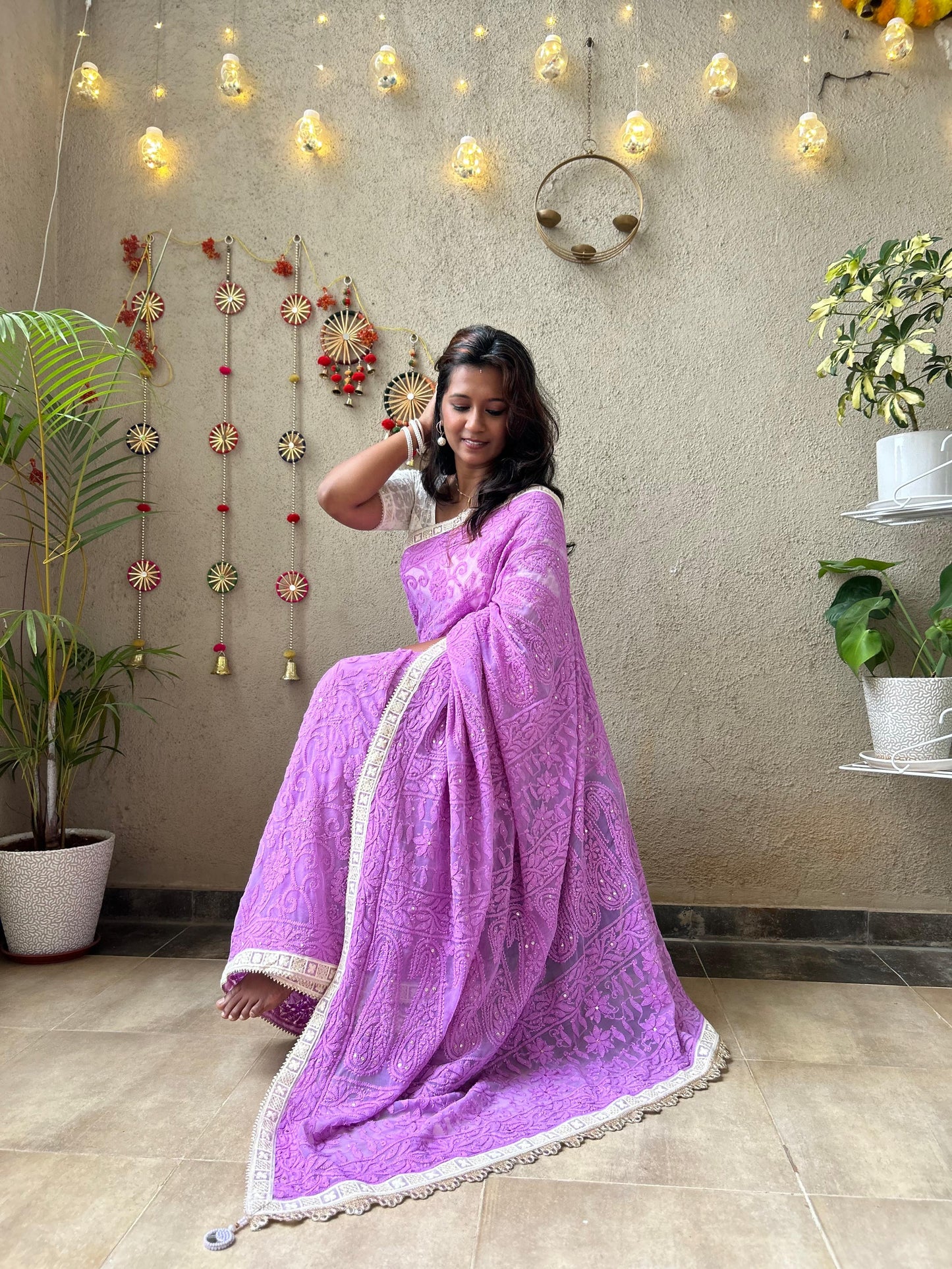 Baahara | Lavender Full Jaal Georgette Chikankari Saree